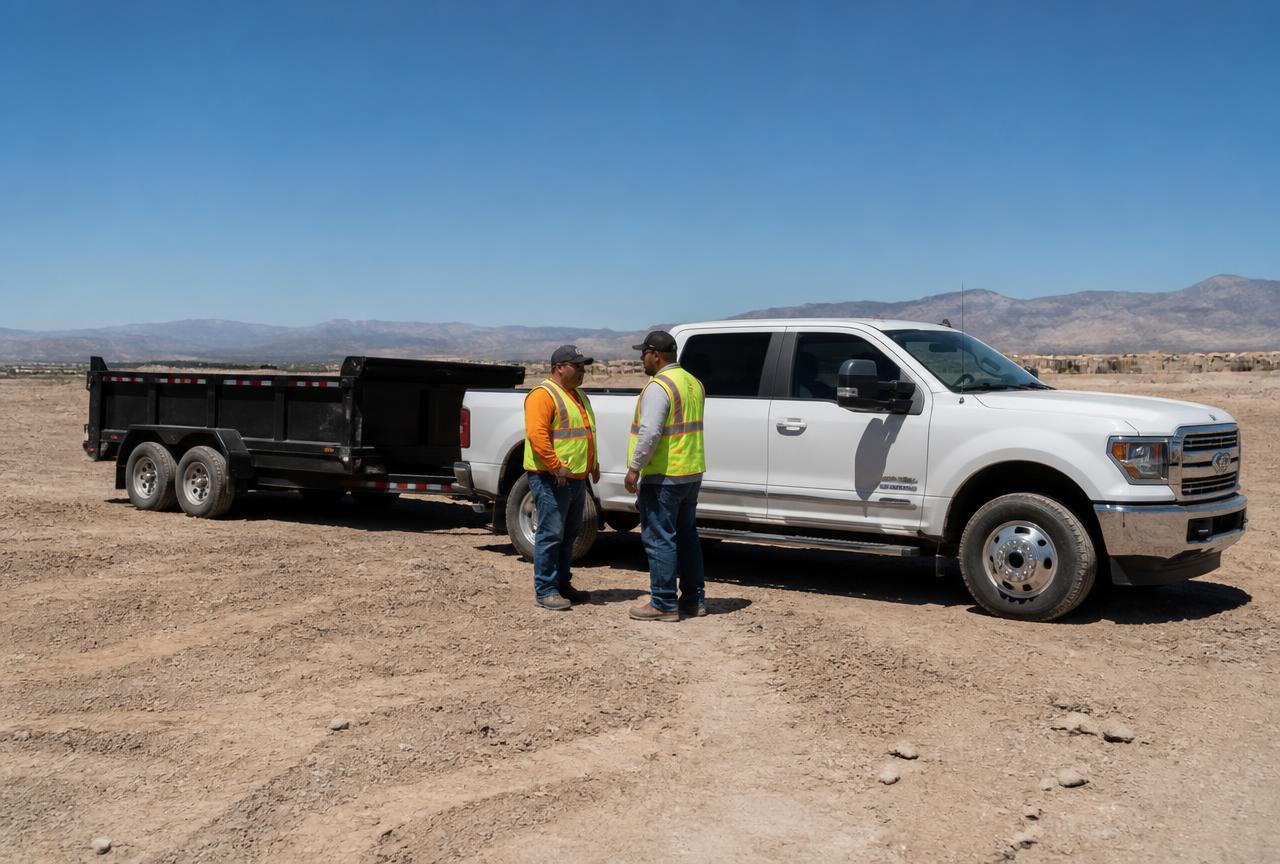 HTS Construction crew reviewing plans beside an excavator at a Las Vegas job site